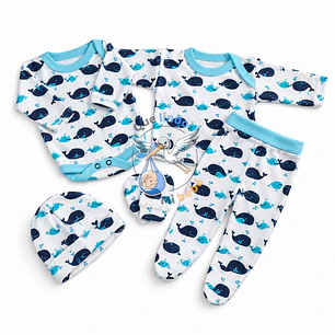 Ajuar 5 Piezas con Diseño Talla 0/3 Meses Blanco/Celeste Ballenas