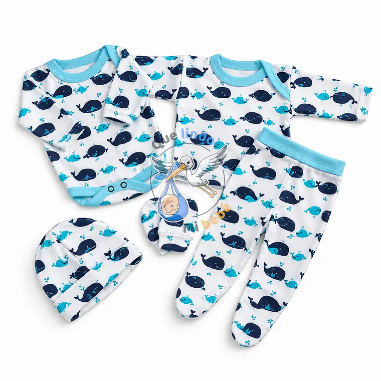 Ajuar 5 Piezas con Diseño Talla 0/3 Meses Blanco/Celeste Ballenas 1
