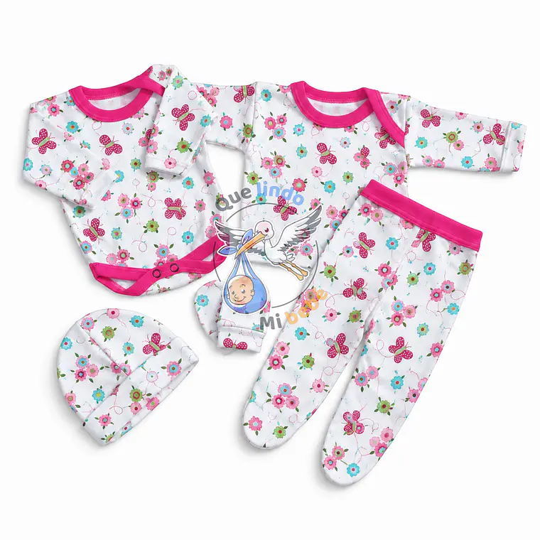Ajuar 5 Piezas con Diseño Talla 0/3 Meses Blanco/Fucsia Mariposas 1
