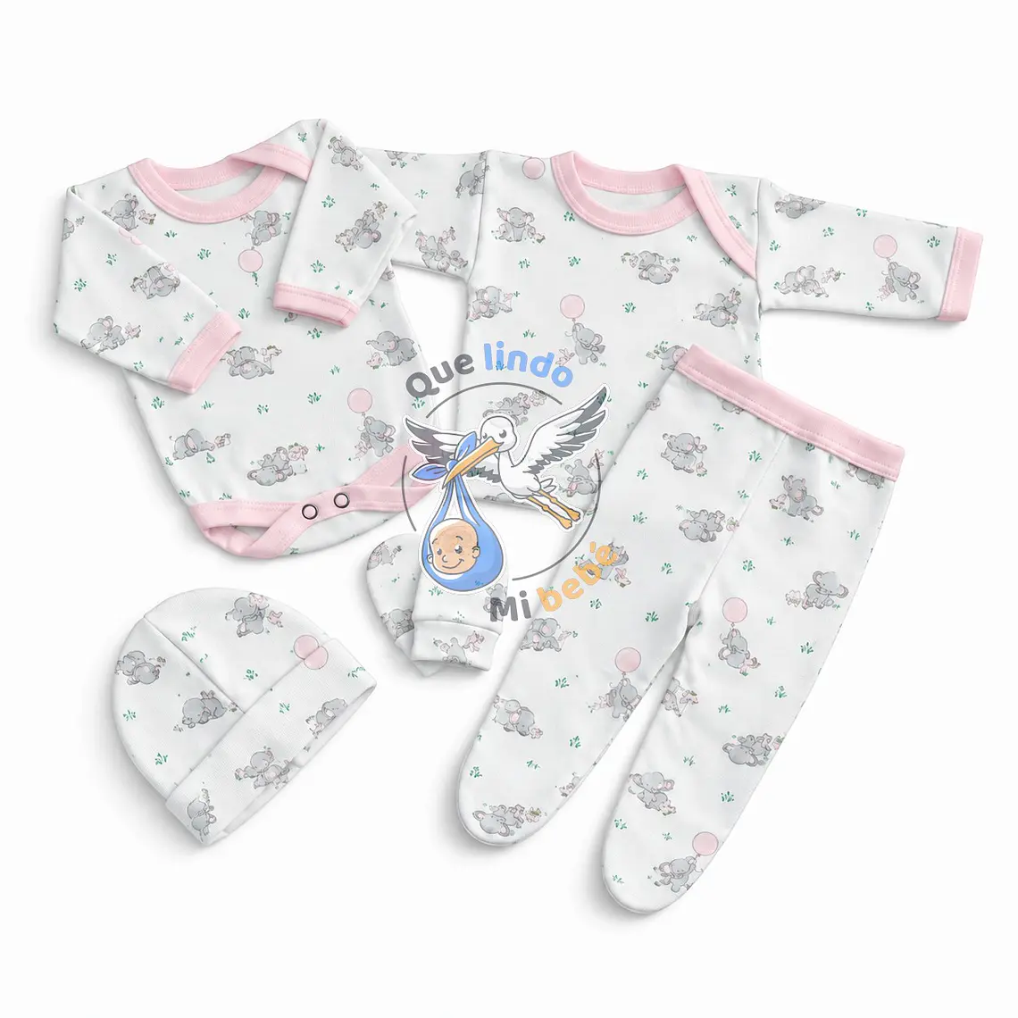 Ajuar 5 Piezas con Diseño Talla 0/3 Meses Blanco/Rosado Elefante 1