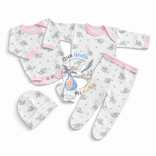 Ajuar 5 Piezas con Diseño Talla 0/3 Meses Blanco/Rosado Elefante