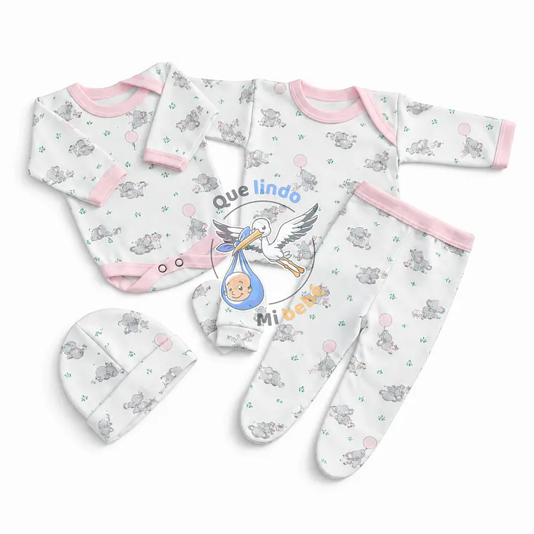 Ajuar 5 Piezas con Diseño Talla 0/3 Meses Blanco/Rosado Elefante 1