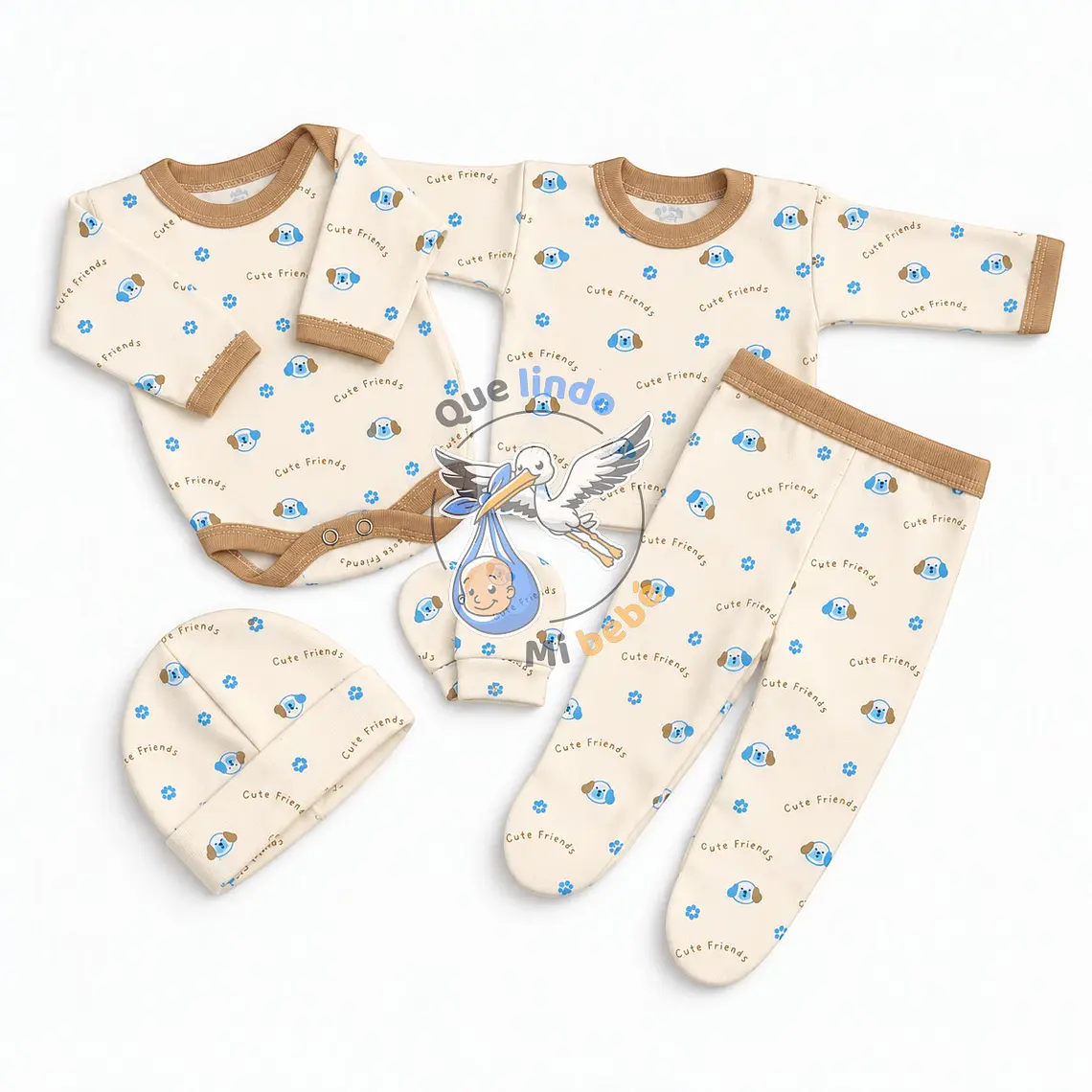 Ajuar 5 Piezas con Diseño Talla 0/3 Meses Blanco/Cafe Perrito 1