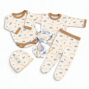 Ajuar 5 Piezas con Diseño Talla 0/3 Meses Blanco/Cafe Perrito