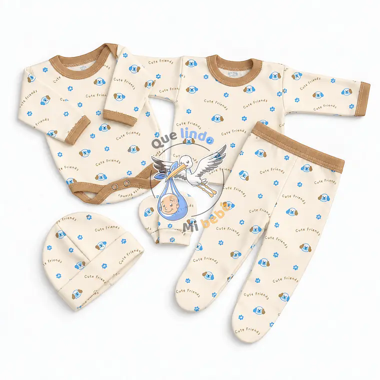 Ajuar 5 Piezas con Diseño Talla 0/3 Meses Blanco/Cafe Perrito 1