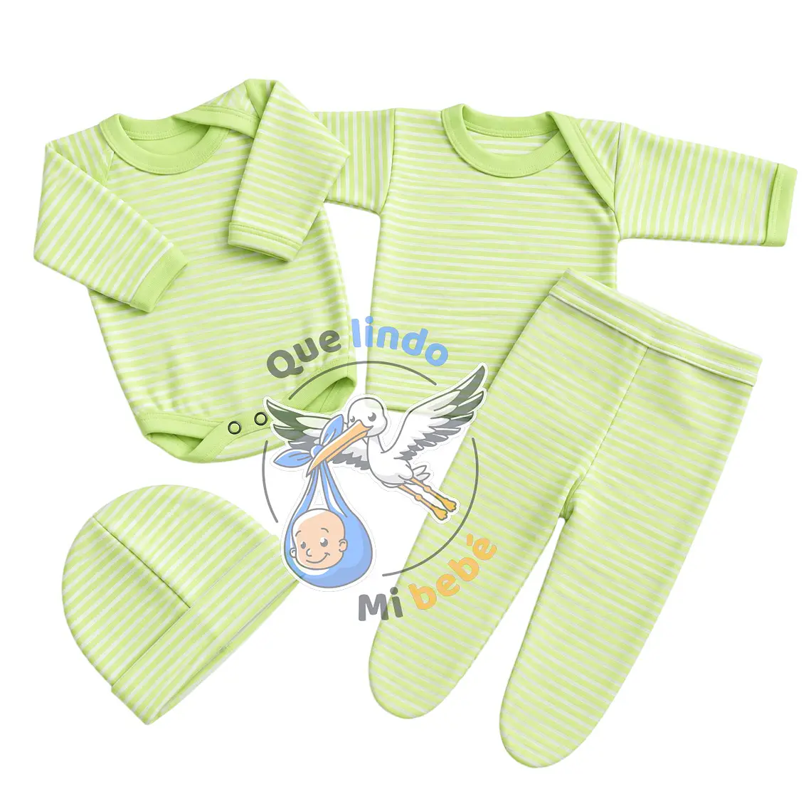 Ajuar 4 Piezas Liso Talla 6/9 Meses Verde Manzana Rayado 1