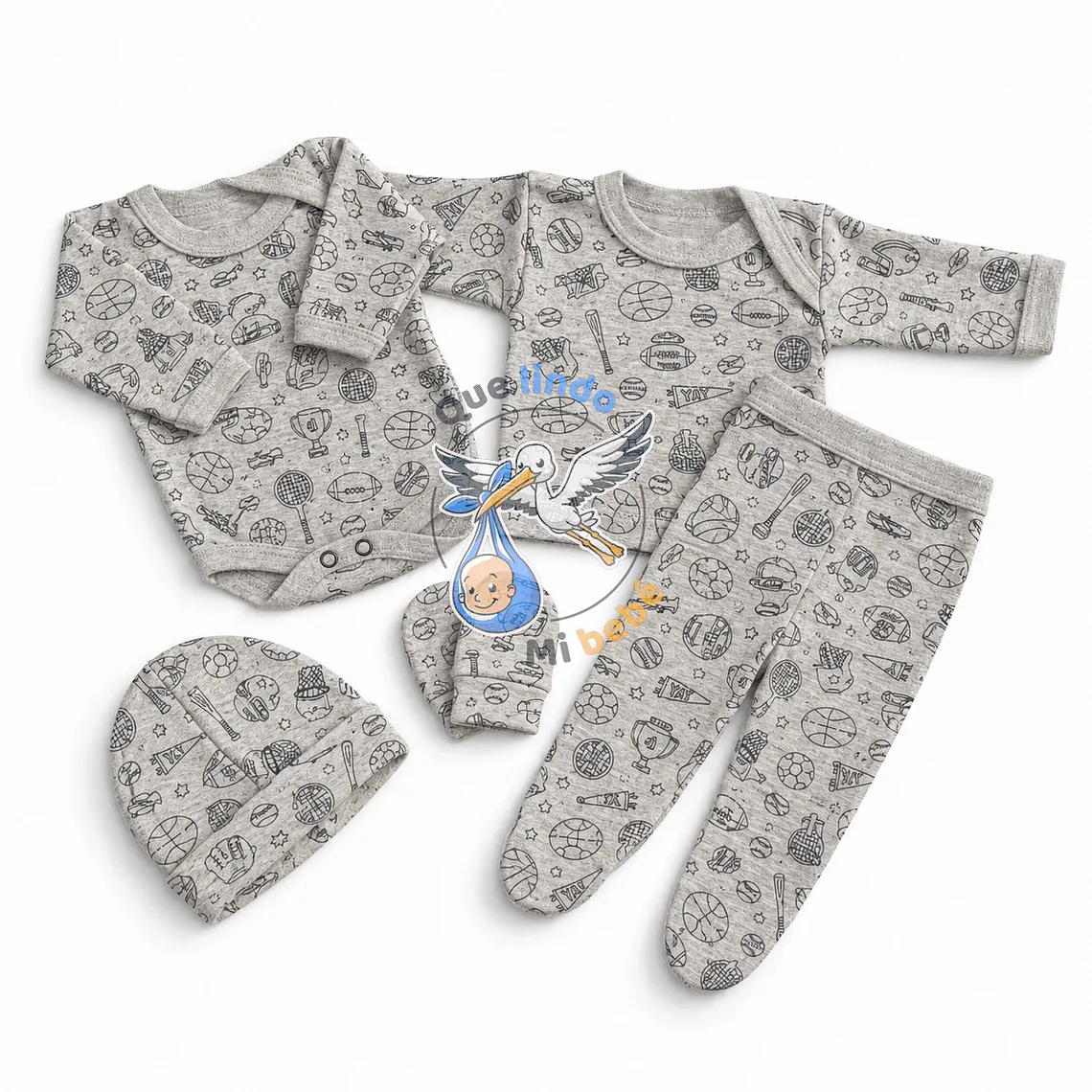 Ajuar 5 Piezas con Diseño Talla 0/3 Meses Gris Deportes 1