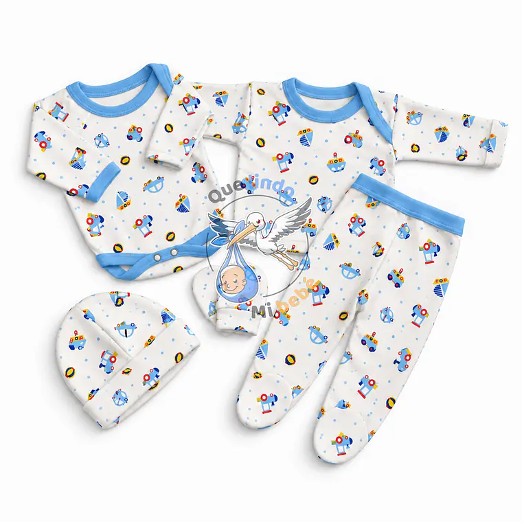 Ajuar 4 Piezas con Diseño Talla 3/6 Meses Blanco/Celeste Transportes 1