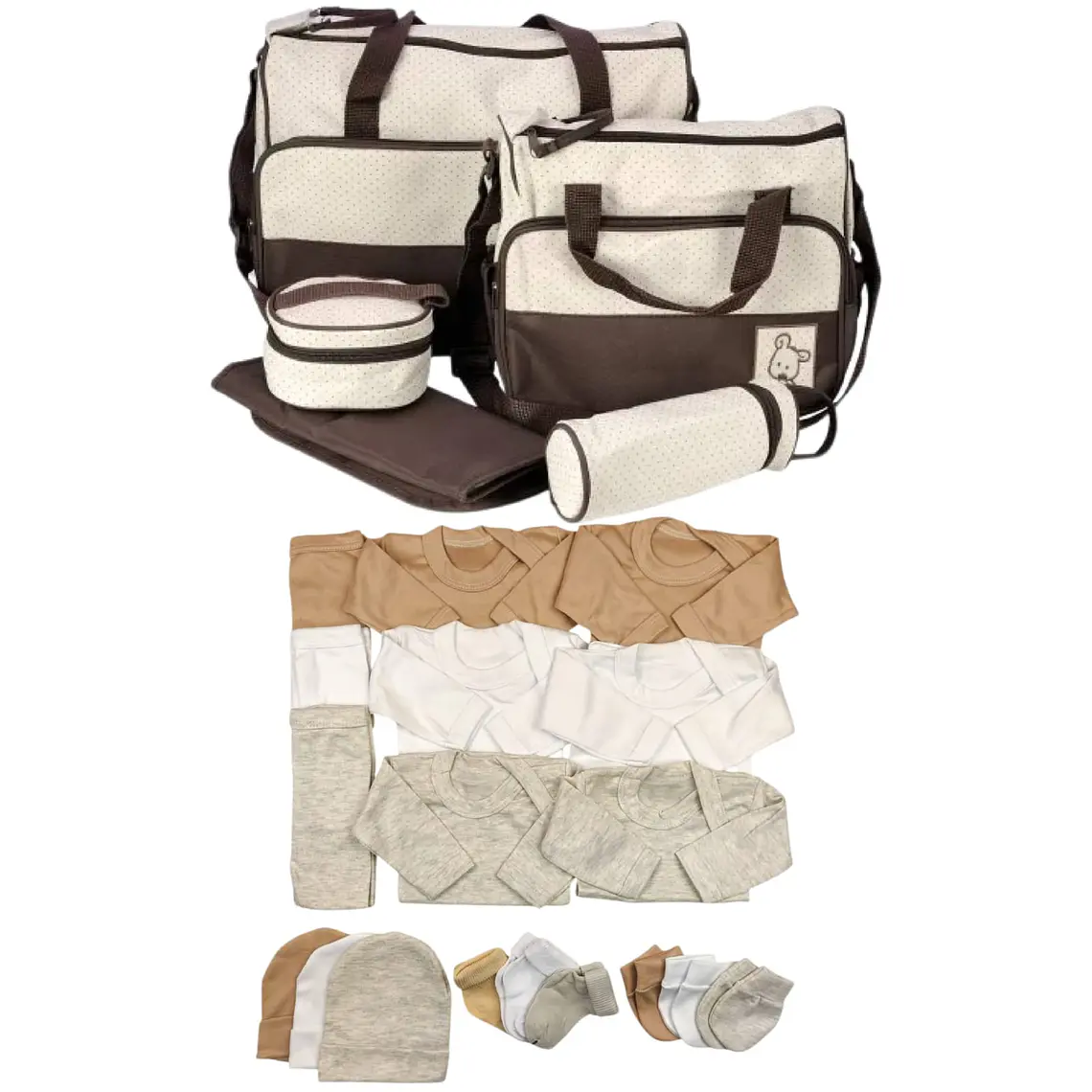 Pack Bolso 5 Piezas + Ajuar 18 Piezas 0/3 Meses Cafe 1