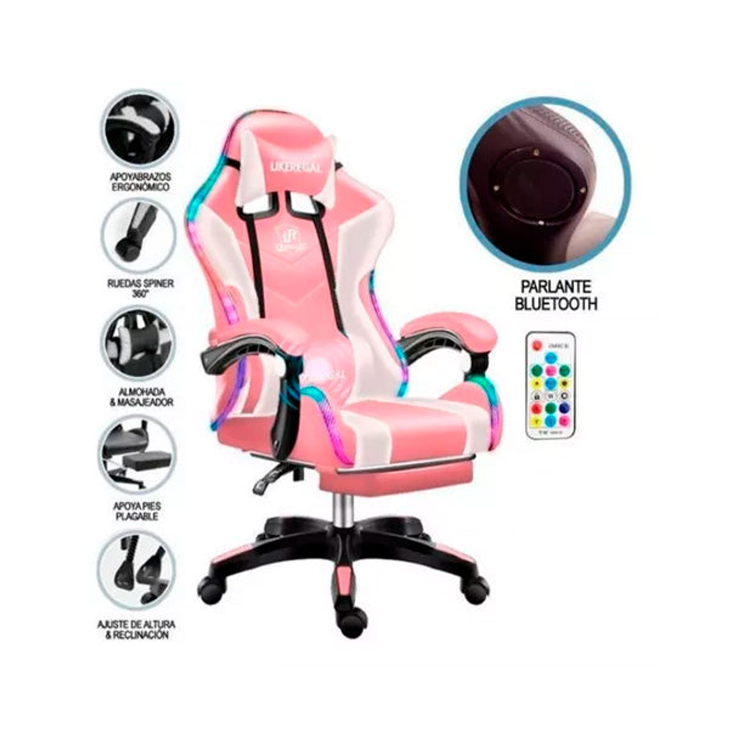Silla Gamer Luz Rgb Rosa Con Blanco Masajeador Con Parlante 2.0 Pro 3