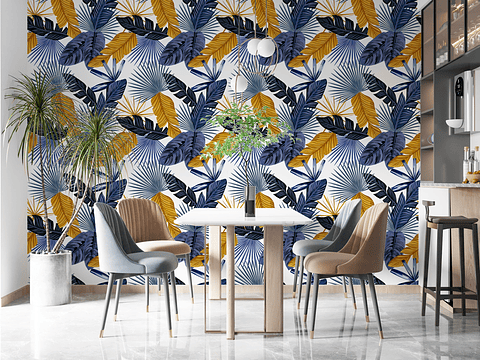 Papel Mural / Gold Blue Leaves