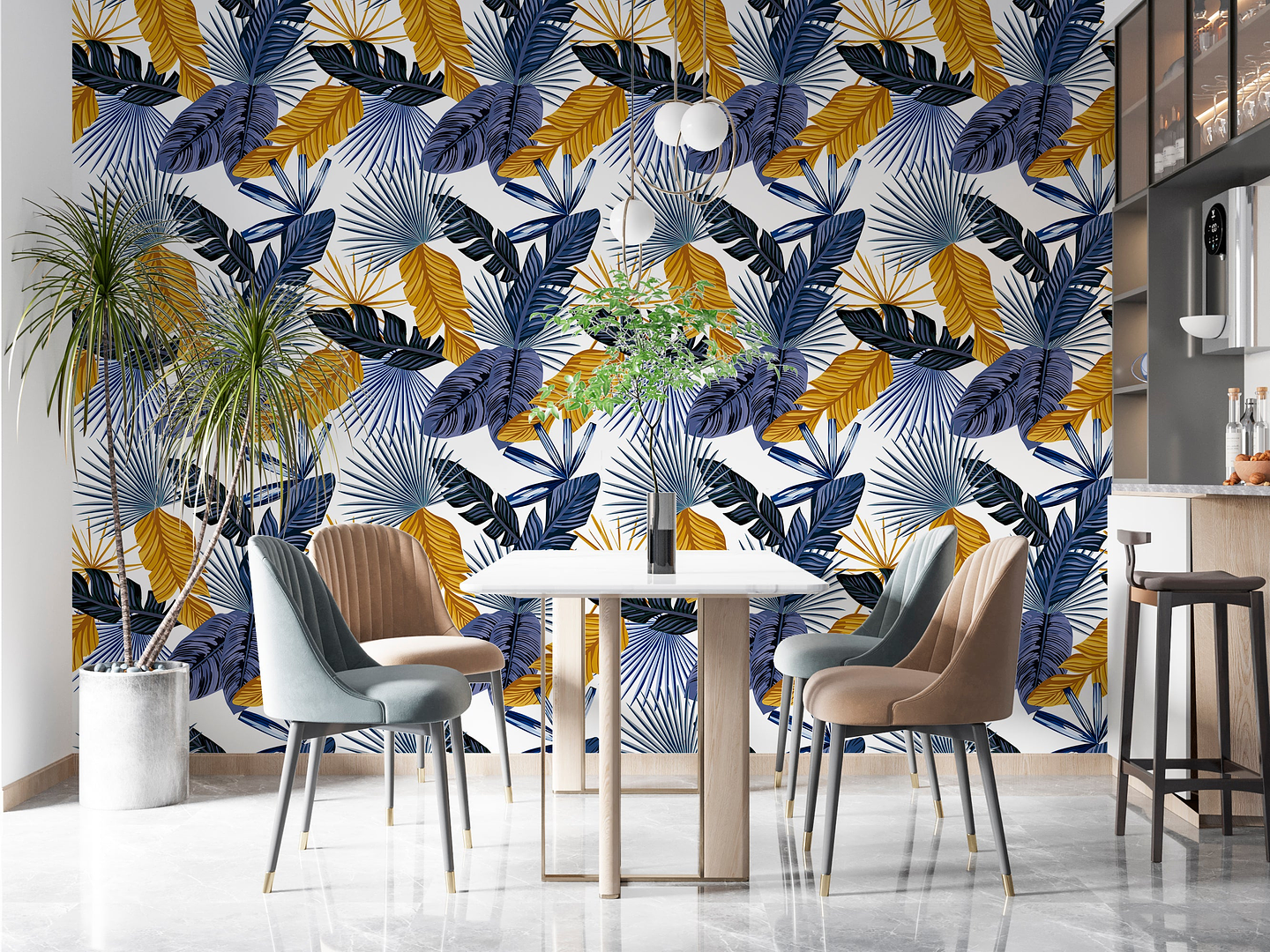 Papel Mural / Gold Blue Leaves 1
