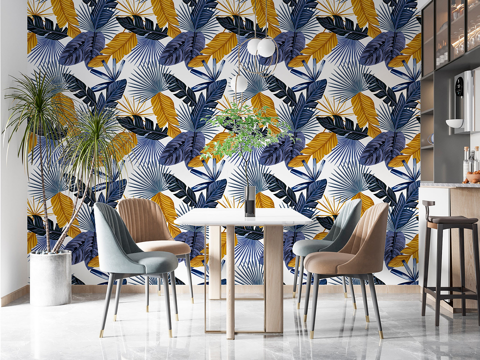 Papel Mural / Gold Blue Leaves 1