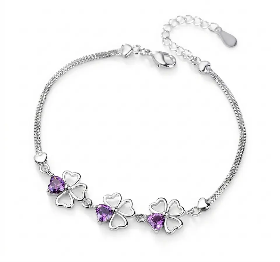 Pulsera plata trébol de la suerte lila 2