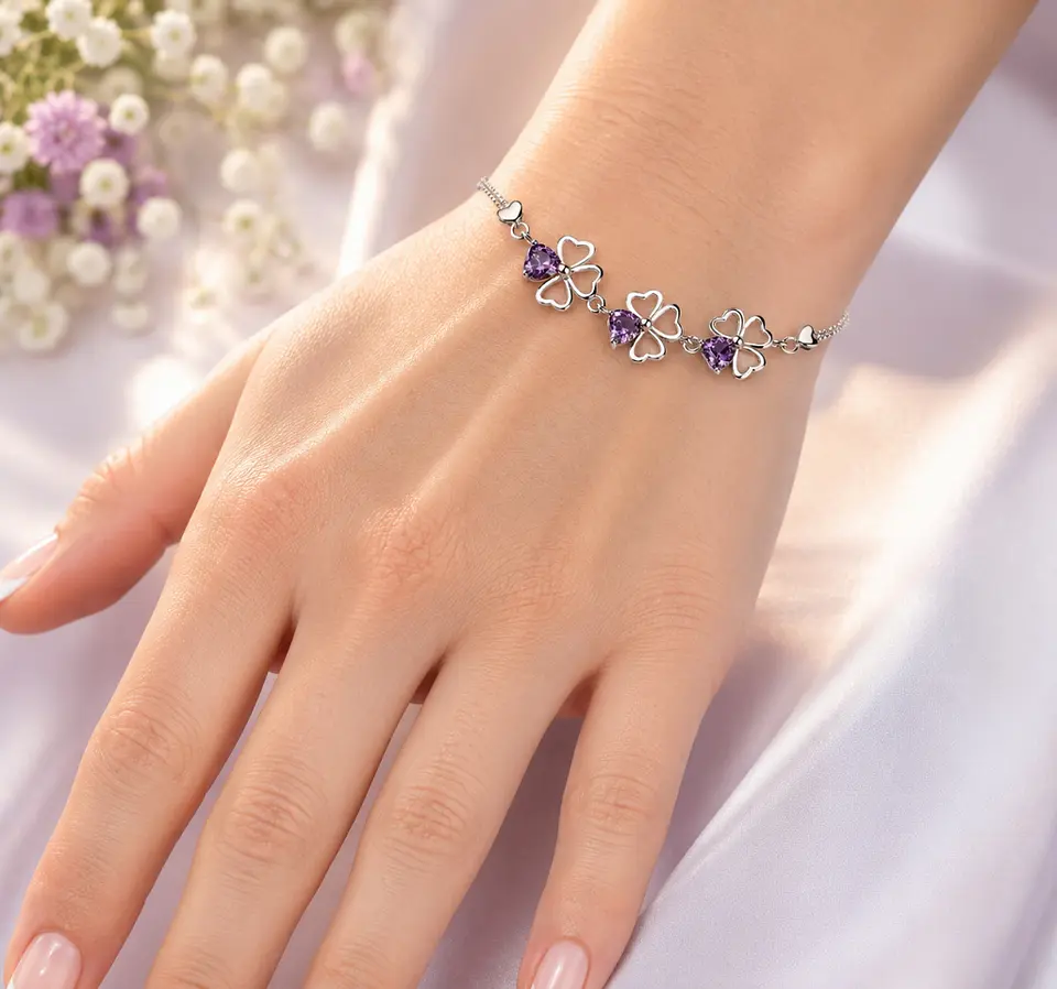 Pulsera plata trébol de la suerte lila 3