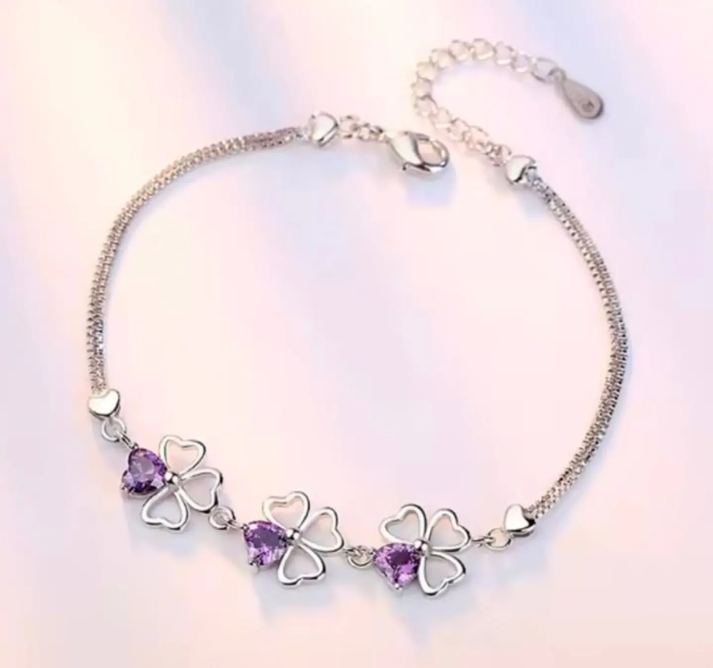 Pulsera plata trébol de la suerte lila 4