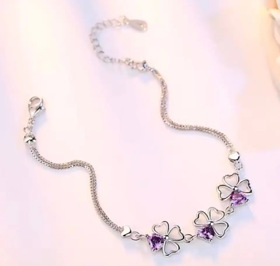 Pulsera plata trébol de la suerte lila 5