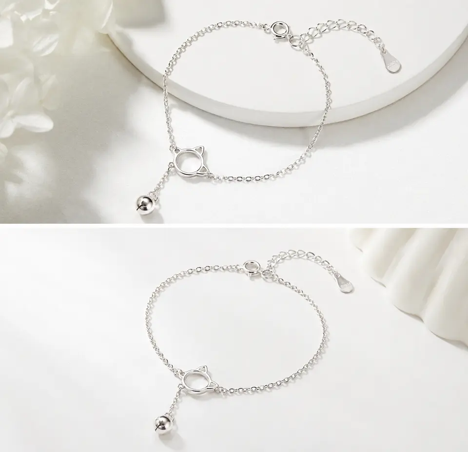 Pulsera de plata con cara y campana de gato 1