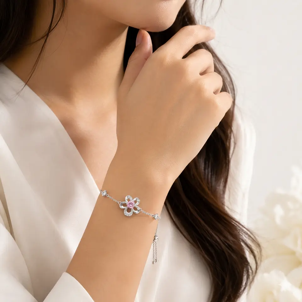 Pulsera plata dije flor cristal piedra rosada 3