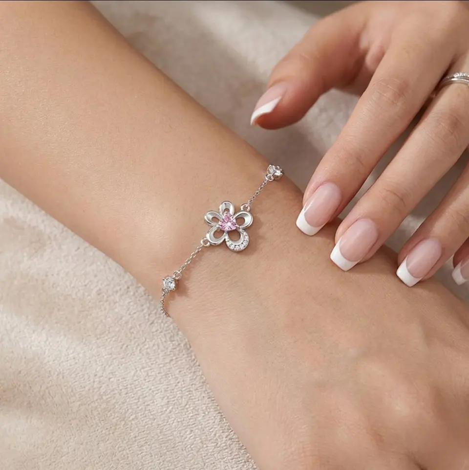 Pulsera plata dije flor cristal piedra rosada 2
