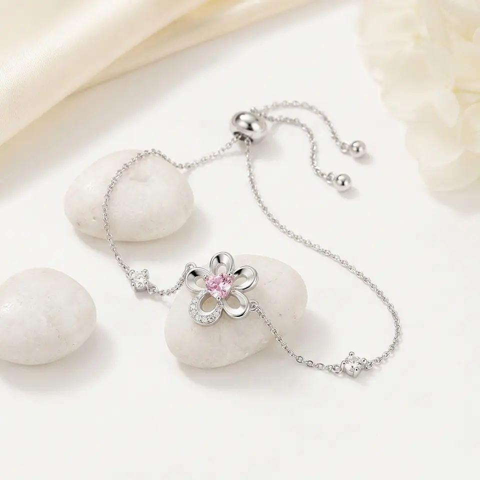 Pulsera plata dije flor cristal piedra rosada 4