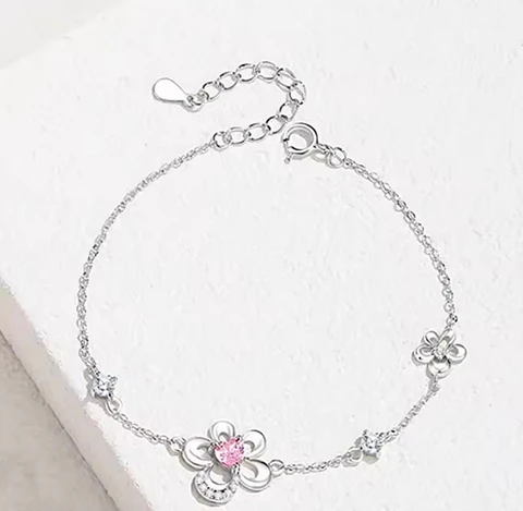 Pulsera plata dije flor cristal piedra rosada