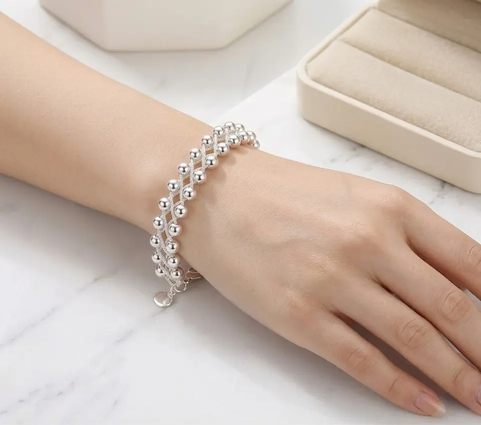 Pulsera plata cuentas trenzadas finas 3