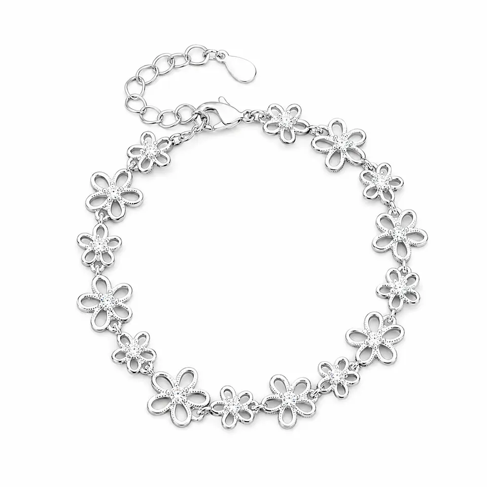 Pulsera plata flores caladas con circón 1
