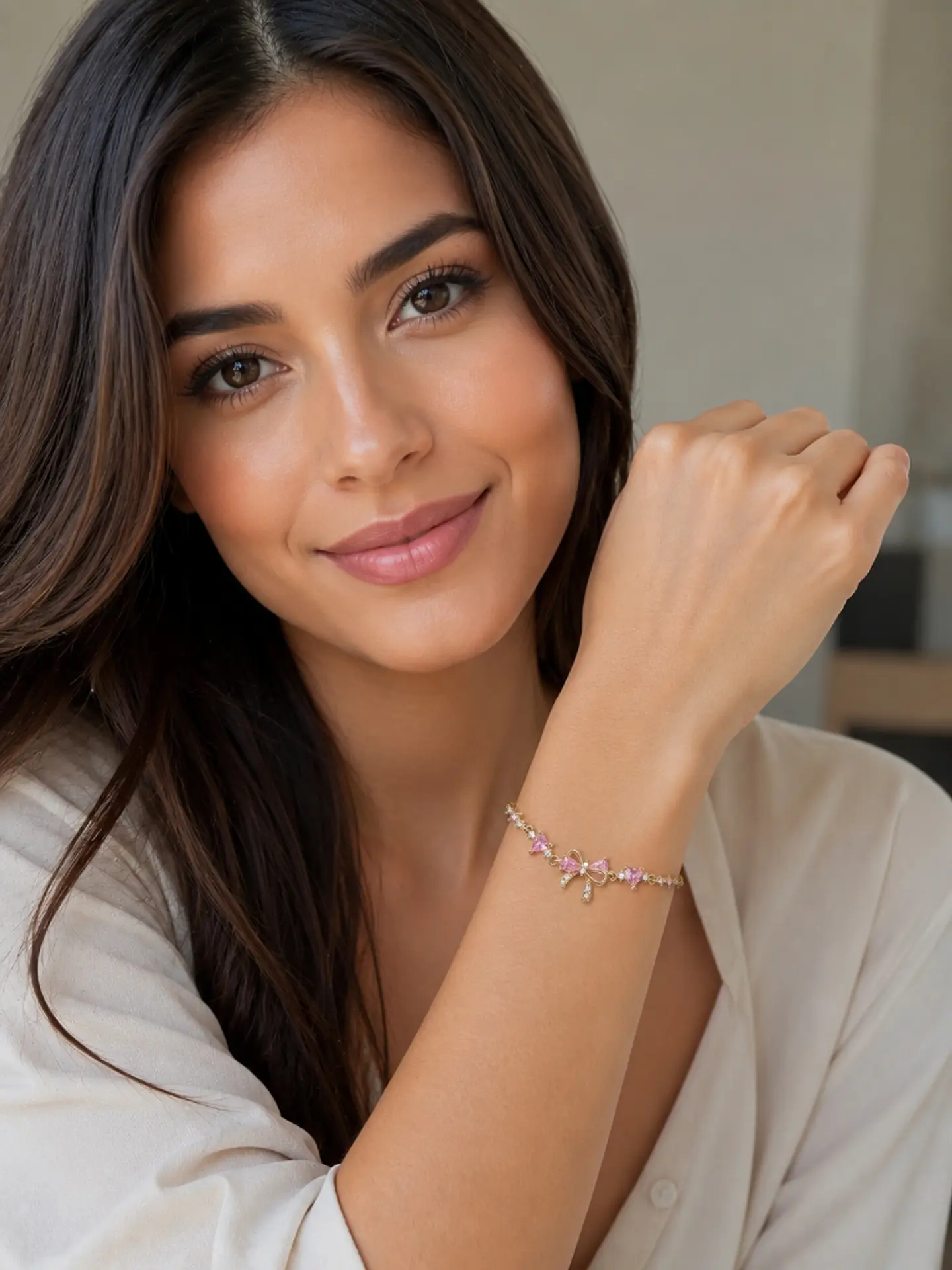 Brazalete plata lazo calado con gema rosa 3