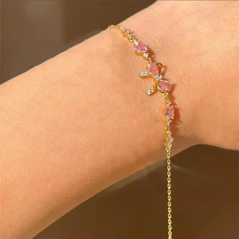 Brazalete plata lazo calado con gema rosa 6