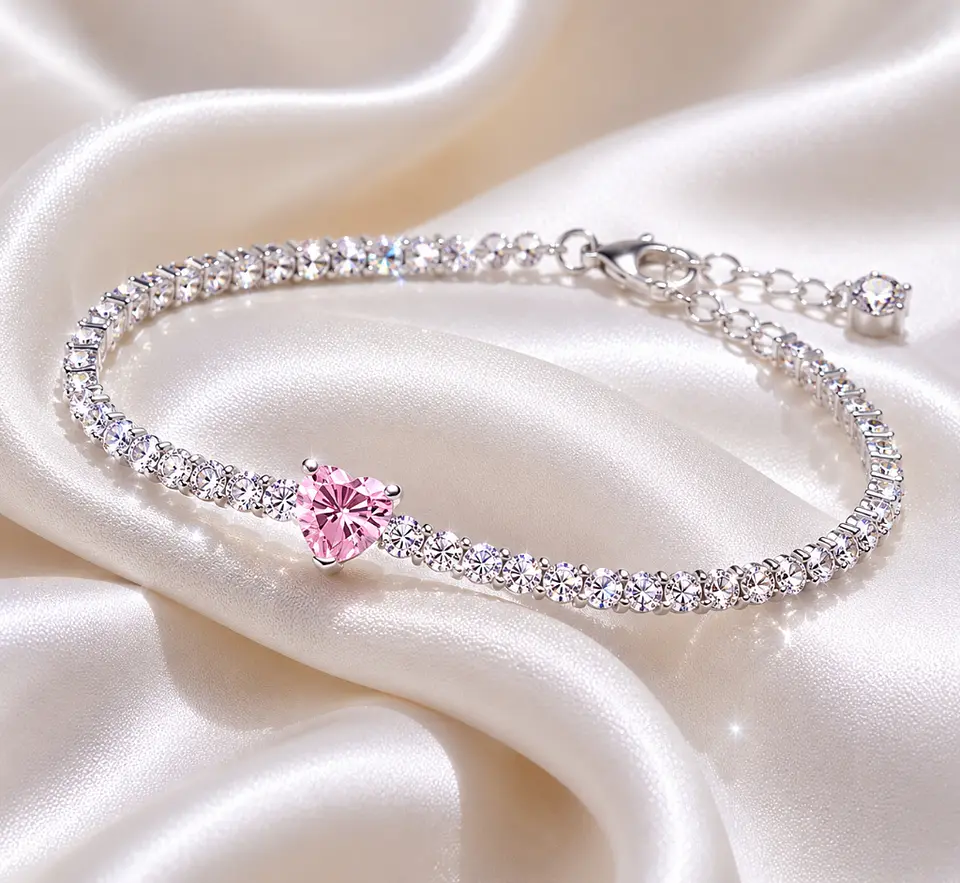 Brazalete tenis cristal corazón rosa 2