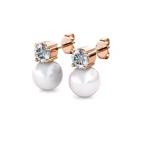 Aros perla blanca con circón oro rosa