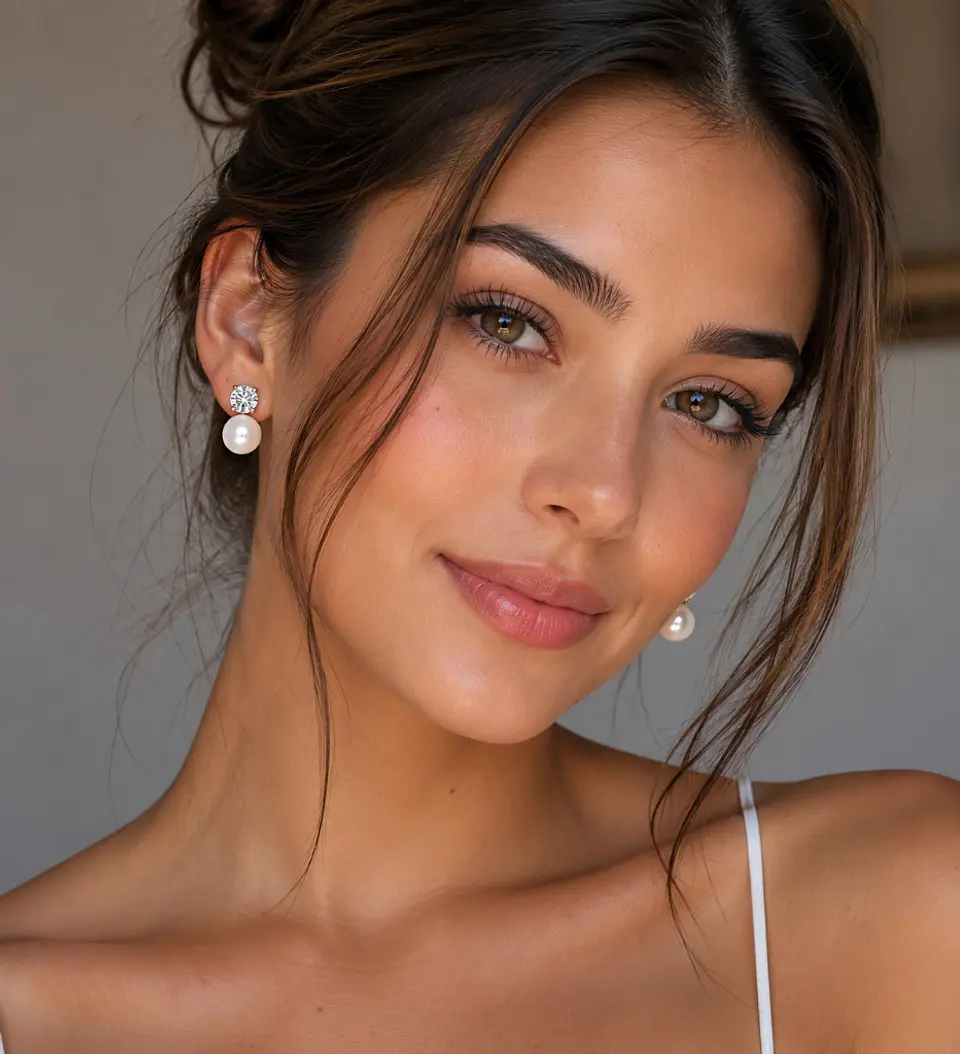 Aros perla blanca con circón oro rosa 2