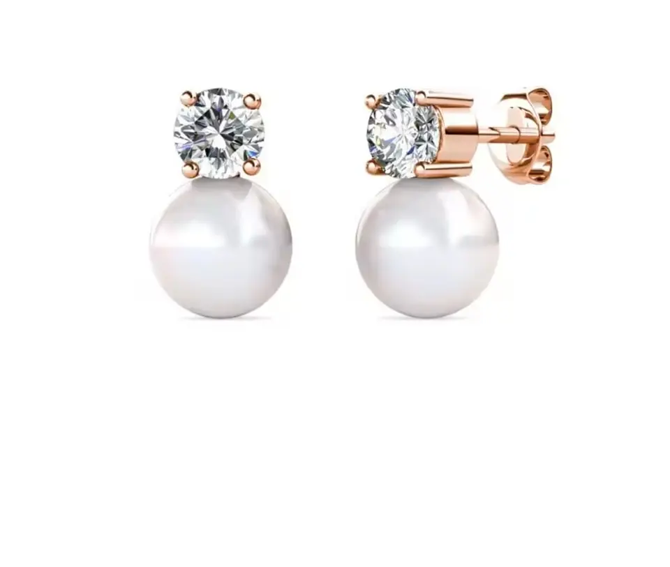 Aros perla blanca con circón oro rosa 4
