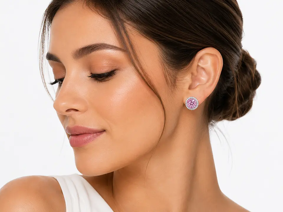 Aros broquel gema rosa con halo de circonitas 2