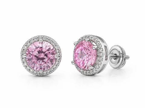 Aros broquel gema rosa con halo de circonitas