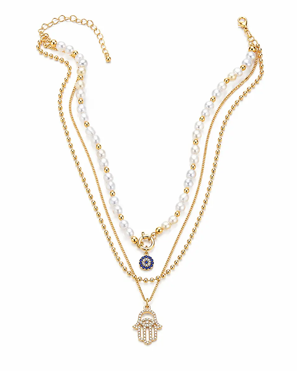 Conjunto dorado perlas y dije Hamsa 1