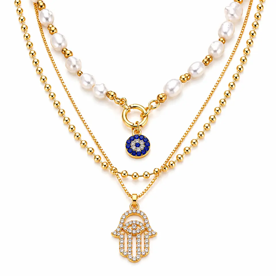 Conjunto dorado perlas y dije Hamsa 4