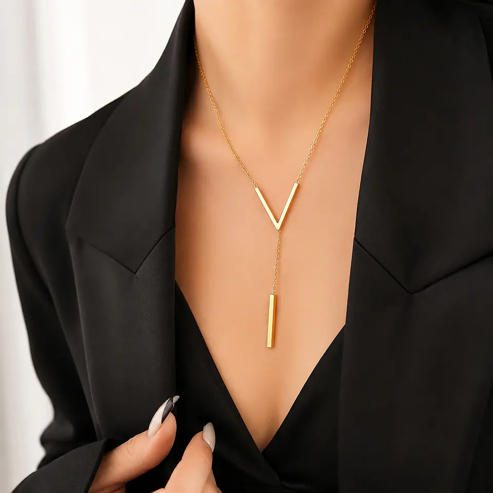 Collar dorado colgante en V con barra 3