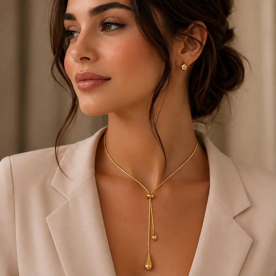 Collar lazo dorado con dijes de gota 2