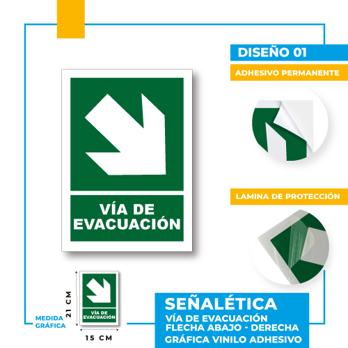 Letrero Fotoluminiscente Vía de Evacuación Flecha Abajo