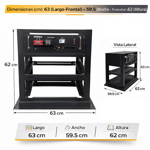Rack Gabinete para 3 Unidades Batería de Litio  NiMac 48V 100Ah