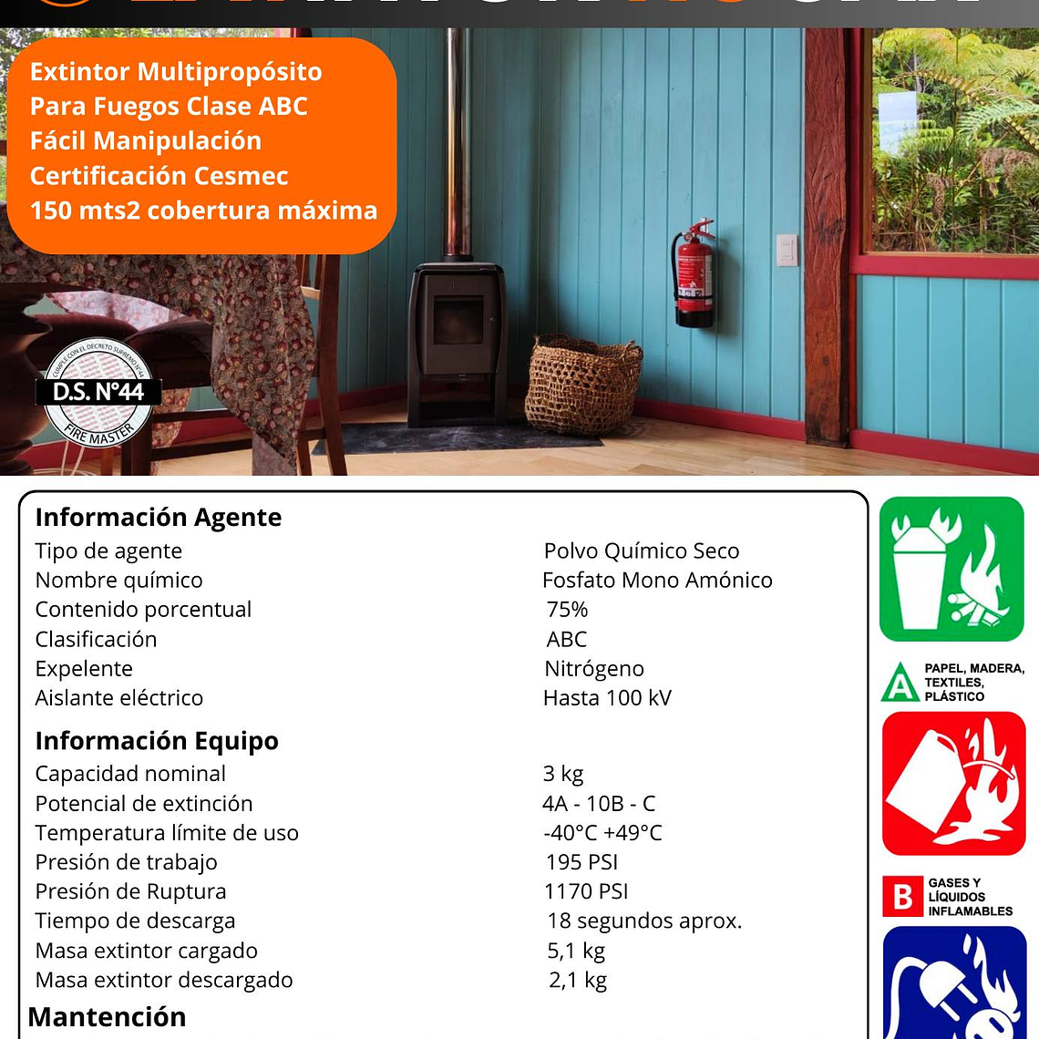 EXTINTOR PQS 3 KG.ABC 75% D.S.44 2