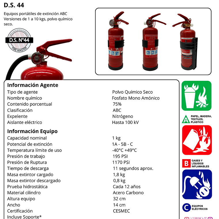 EXTINTOR PQS 1 KG.ABC 75% D.S.44 2