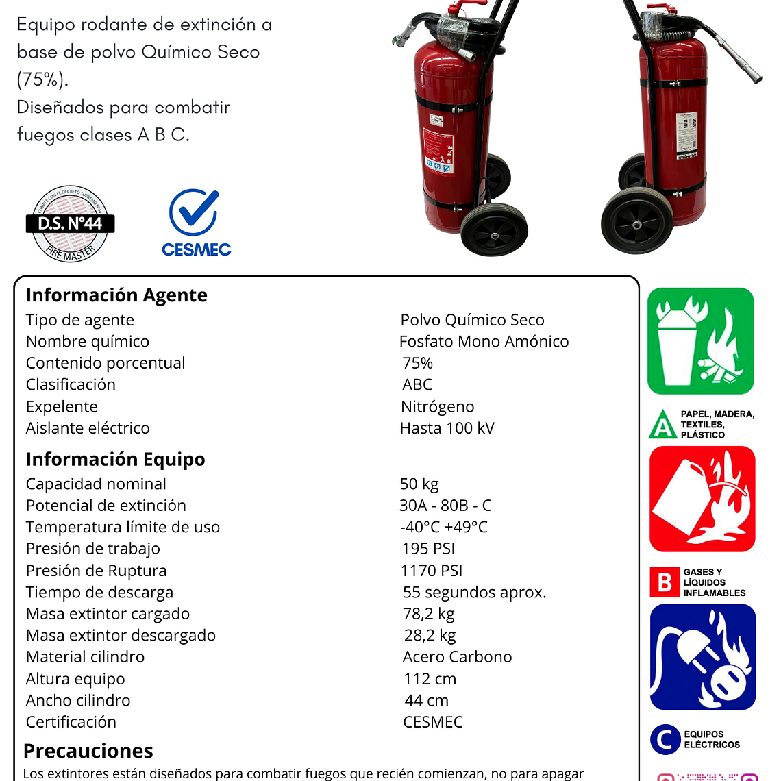 CARRO EXTINTOR PQS 50 KG.ABC 75% D.S.44 1