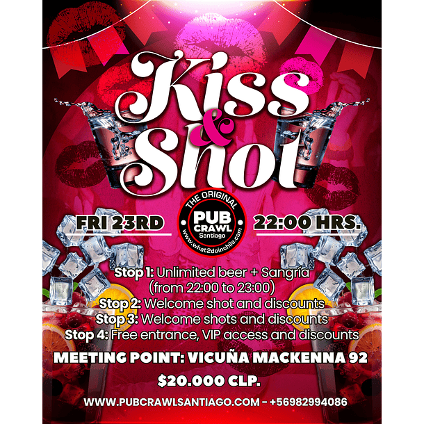 Friday 23th January - Kiss&Shot Pub Crawl Santiago 2026 