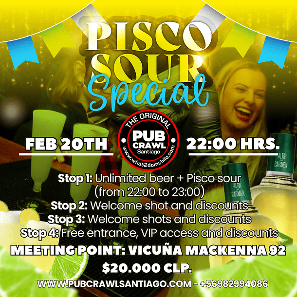Friday 20th February - Pisco Sour Special Pub Crawl Santiago 2026 