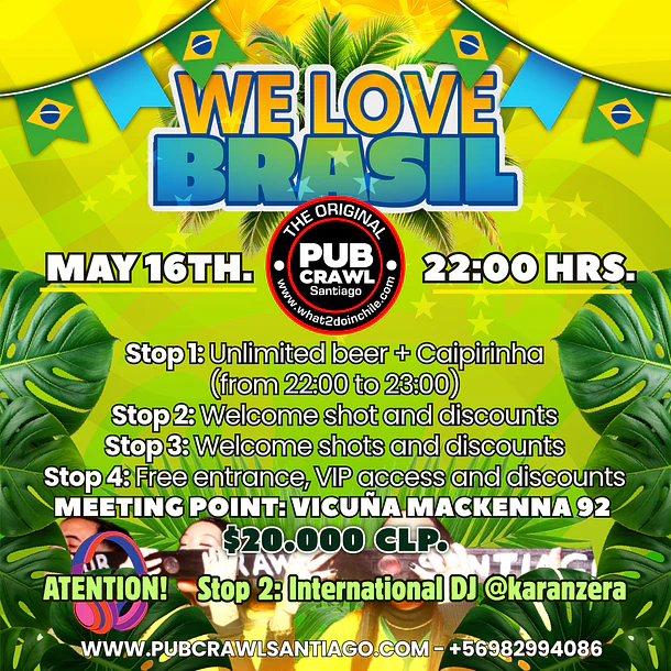 Saturday 16th May - BRASIL Pub Crawl Santiago 2026 