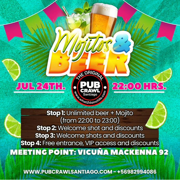 Friday 24th July - Mojitos & Beer Pubcrawl Santiago 2026 