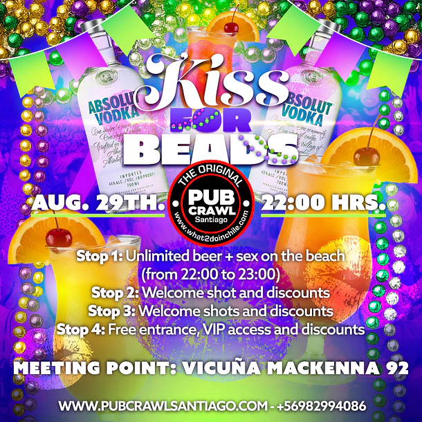 Saturday 29th August - KISS FOR BEADS Pubcrawl Santiago 2026 